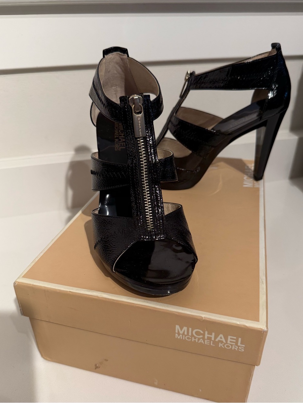 Michael Kors Berkley T-Strap Black Patent Leather Heels - Size 8.5